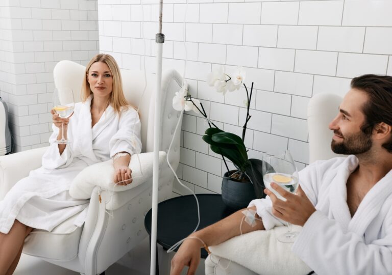 Couple,In,Love,During,Intravenous,Vitamin,Therapy.,Beautiful,Woman,With