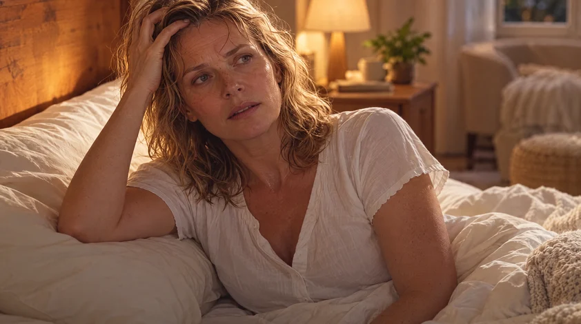 Woman awake at night with night sweats