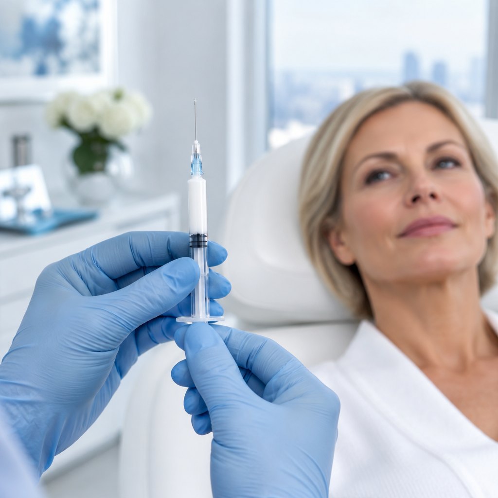 Provider holding a syringe of Radiesse-style calcium hydroxylapatite filler