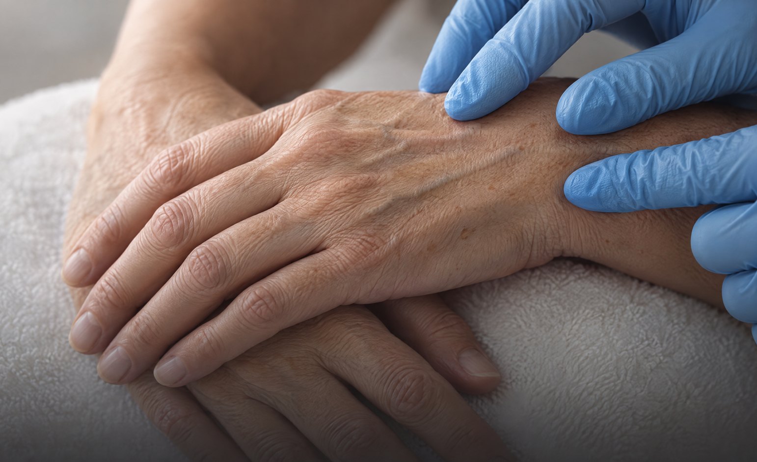 Provider examining the back of a client's hands
