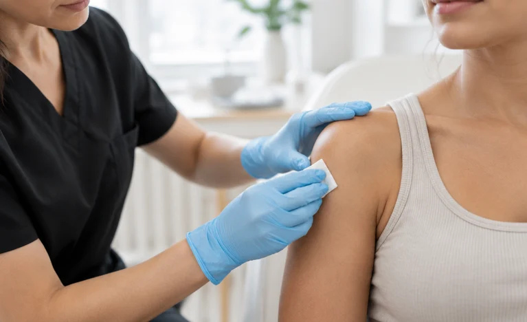 Provider preparing a patient's shoulder for treatment