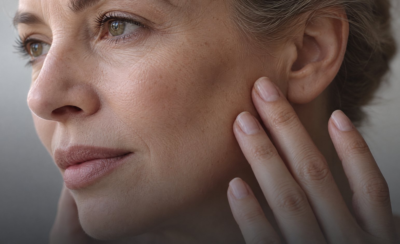 Woman with mid-face volume loss in the cheeks and temples