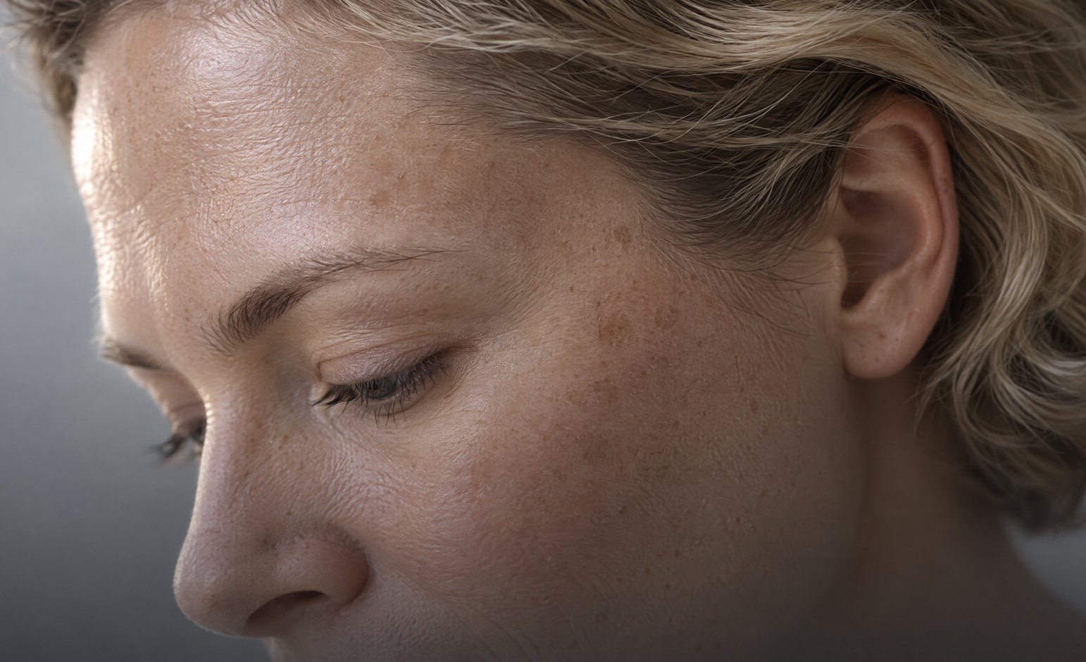 Uneven skin texture and sun spots on the forehead and temple